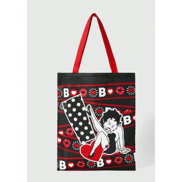 Betty Boop Foldable Reusable Shopping Bag Black with Red Hearts & Lips - Picture 1 of 6